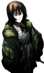 Rule 34 | 1girl, black hair, blood, blood on clothes, collared shirt, commentary request, cowboy shot, dress, green jacket, grey dress, grey eyes, hair between eyes, highres, holding, holding knife, hood, hood down, hooded jacket, hoshi san 3, jacket, knife, long sleeves, looking at viewer, medium hair, neck ribbon, open clothes, open jacket, original, parted lips, pinafore dress, red ribbon, ribbon, school uniform, shirt, simple background, sleeveless, sleeveless dress, solo, white background, white shirt