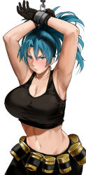 Rule 34 | 1girl, armpits, arms up, bakkanki, bare shoulders, black gloves, black tank top, blue eyes, blue hair, breasts, earrings, gas can, gloves, highres, jewelry, large breasts, leona heidern, midriff, military, navel, ponytail, soldier, solo, tank top, the king of fighters, the king of fighters xiii
