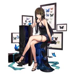 Rule 34 | 1girl, arm at side, assault rifle, black footwear, black gloves, black hair, blue butterfly, blush, breasts, bridal garter, brown eyes, brown hair, bug, butterfly, cleavage, criss-cross halter, crossed legs, dress, framed insect, full body, girls&#039; frontline, gloves, green hair, gun, hair ornament, halterneck, hand in own hair, high heels, insect, legs, long dress, long hair, m4 carbine, m4a1 (girls&#039; frontline), m4a1 (suspender of time) (girls&#039; frontline), multicolored hair, nagu, official alternate costume, official art, open mouth, parted lips, rifle, shoes, side slit, sitting, sleeveless, sleeveless dress, solo, starry sky print, stool, strappy heels, streaked hair, thighlet, transparent background, weapon