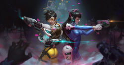 Rule 34 | 2girls, 654696748, ass, black hair, blizzard (company), blurry, bodysuit, breasts, brown hair, chest harness, cowboy shot, d.va (overwatch), depth of field, facepaint, facial mark, from side, goggles, gun, harness, headphones, holding, holding gun, holding weapon, lips, long hair, looking at viewer, looking away, multiple girls, nose, outstretched arms, overwatch, overwatch 1, pilot suit, realistic, roadhog (overwatch), short hair, skin tight, standing, swept bangs, tracer (overwatch), weapon, whisker markings