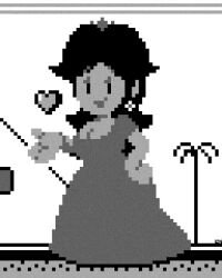 Rule 34 | 1girl, blowing kiss, breasts, cleavage, dress, gameboy, hand on own hip, heart, large breasts, legendofnerd, looking at viewer, mario (series), monochrome, nintendo, pixel art, princess daisy, short hair, smile, solo, super mario land