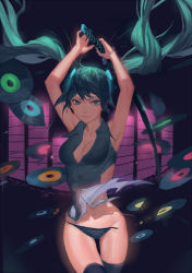 Rule 34 | 1girl, aqua eyes, aqua hair, armpits, arms up, bad id, bad pixiv id, breasts, cleavage, hatsune miku, highres, katana, long hair, looking at viewer, record, sleeveless, solo, sparrow (xici9527), sword, thighhighs, torn clothes, twintails, very long hair, vinyl record, vocaloid, weapon