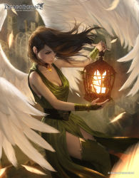 Rule 34 | 1girl, angel wings, bird, bracelet, breasts, brown eyes, brown hair, building, cage, choker, cleavage, closed mouth, copyright name, dragoborne, dress, green dress, green thighhighs, holding, jewelry, large breasts, long hair, profile, raikoart, solo, thighhighs, watermark, wind, wings
