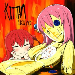 Rule 34 | 1girl, album cover redraw, blush, bocchi the rock!, button eyes, buttons, character doll, closed eyes, commentary, cube hair ornament, derivative work, gotoh hitori, goumonsha, hair ornament, hands on own face, highres, kita ikuyo, korn (band), long hair, pink hair, red hair, side ponytail, smile, stuffed toy