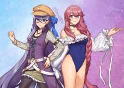 Rule 34 | 2girls, bare shoulders, black pantyhose, blue bow, blue choker, blue eyes, blue one-piece swimsuit, bow, braid, breasts, brown hat, choker, cleavage, commentary, dress, eiyuu densetsu, emma millstein, fate/grand order, fate (series), glasses, grey shirt, grin, hair bow, hand on own hip, hat, hayami saori, hiomaika, long hair, looking at viewer, medium breasts, meltryllis (fate), meltryllis (swimsuit lancer) (second ascension) (fate), multiple girls, off-shoulder one-piece swimsuit, off shoulder, one-piece swimsuit, pantyhose, pink hair, purple dress, purple hair, sen no kiseki, sen no kiseki iii, shirt, small breasts, smile, swimsuit, very long hair, voice actor connection