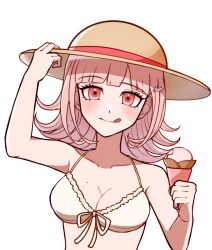 Rule 34 | 1girl, :q, bare shoulders, bikini, blunt bangs, blush, breasts, cleavage, collarbone, danganronpa (series), danganronpa 2: goodbye despair, food, front-tie bikini top, front-tie top, galaga, hair ornament, hat, highres, holding, holding food, holding ice cream, ice cream, kirin (suzoke 1), large breasts, medium hair, mole, mole on breast, nanami chiaki, official alternate costume, pink eyes, simple background, smile, solo, straw hat, sun hat, swimsuit, tongue, tongue out, upper body