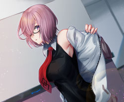 Rule 34 | 1girl, aona (anagasaki), armpits, artist name, breasts, commentary request, fate/grand order, fate (series), glasses, hair over one eye, indoors, large breasts, looking at viewer, mash kyrielight, necktie, open mouth, pink hair, purple eyes, purple hair, red necktie, short hair, sleeveless, smile, solo