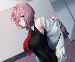 1girl aona_(anagasaki) armpits artist_name breasts commentary_request fate/grand_order fate_(series) glasses hair_over_one_eye indoors large_breasts looking_at_viewer mash_kyrielight necktie open_mouth pink_hair purple_eyes purple_hair red_necktie short_hair sleeveless smile solo