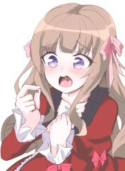 Rule 34 | 1girl, blush, bow, brown hair, character request, copyright request, dress, giant, giantess, hair bow, highres, niwaka potato, open mouth, pink bow, purple eyes, red dress, simple background, teeth, vore, white background