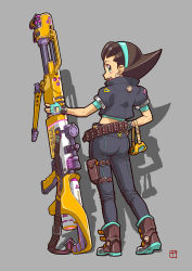 1girl alternate_costume ass brown_hair earrings female_focus full_body green_eyes gun hair_slicked_back hairband highres jacket jewelry mega_man_(series) mega_man_legends_(series) open_mouth short_hair smile solo tron_bonne_(mega_man) weapon zap