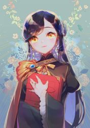 Rule 34 | 1girl, aqua background, black dress, blue hair, blush, book, braid, breasts, brooch, cape, closed mouth, dress, earrings, eyelashes, floral background, flower, frilled sleeves, frills, gem, hair flower, hair ornament, half updo, highres, holding, holding book, honzuki no gekokujou, hugging object, jewelry, juliet sleeves, lipstick, long hair, long sleeves, looking at viewer, myne (honzuki no gekokujou), makeup, medium breasts, nail polish, neck ribbon, pendant, pink nails, puffy sleeves, ribbon, ring, side cape, smile, solo, sparkle, swept bangs, upper body, wide sleeves, yellow cape, yellow eyes, yukino neko