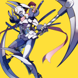Rule 34 | 1girl, animal ears, armor, bodysuit, breastplate, breasts, rabbit ears, commentary request, crescent, dianamon, digimon, digimon (creature), floating, floating object, full body, gauntlets, hair between eyes, helmet, high heels, highres, holding, holding scythe, large breasts, maplo, mask, mouth mask, pink scarf, purple bodysuit, purple eyes, scarf, scythe, shading, shin guards, shoulder armor, skirt, solo, white armor, white legwear, white skirt, yellow background