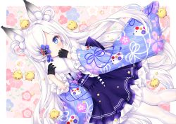 Rule 34 | 1girl, animal, animal ear fluff, animal ears, artist name, azur lane, bird, black gloves, blue eyes, blue kimono, blush, chick, closed mouth, commentary request, dutch angle, floral background, floral print, frilled skirt, frilled sleeves, frills, gloves, hair ornament, hair over one eye, hair rings, half gloves, has bad revision, has cropped revision, japanese clothes, kasumi (azur lane), kasumi (new year&#039;s comfort) (azur lane), kimono, long hair, long sleeves, looking at viewer, manjuu (azur lane), md5 mismatch, nami (nyaa), pantyhose, print kimono, purple skirt, resolution mismatch, skirt, solo, source smaller, tail, very long hair, white hair, white pantyhose, wide sleeves, yagasuri