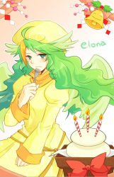Rule 34 | 1girl, ahoge, angel wings, areri, bell, blush, bow, breasts, candle, christmas, closed mouth, copyright name, cowboy shot, dress, drill hair, elona, eyebrows, eyelashes, facing away, feathered wings, feathers, fire, floating hair, fork, frown, gold bell, gradient background, green eyes, green hair, green wings, hat, head wings, holding, holding fork, juliet sleeves, jure of healing, leaf, long hair, long sleeves, looking away, looking to the side, medium breasts, multicolored background, multicolored hair, nose, orange hair, outline, puffy long sleeves, puffy sleeves, raised eyebrow, red bow, ringlets, shide, sleeves past wrists, solo, standing, tsurime, turtleneck, two-tone background, two-tone hair, wavy hair, white outline, wings, yellow dress, yellow hat