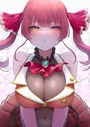 Rule 34 | 1girl, ascot, belt, black choker, blush, breasts, brooch, brown belt, choker, cleavage, frilled choker, frilled shirt collar, frills, gold trim, hair ribbon, heterochromia, highres, hololive, houshou marine, jacket, jewelry, large breasts, leather belt, leotard, leotard under clothes, long hair, looking at viewer, minazukio9, miniskirt, navel, open mouth, parted lips, pleated skirt, red ascot, red eyes, red hair, red jacket, red ribbon, red skirt, ribbon, see-through, see-through cleavage, see-through leotard, skirt, solo, twintails, virtual youtuber, yellow eyes