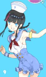 Rule 34 | 1girl, absurdres, armlet, balloon, bare shoulders, black hair, blue background, blue eyes, blue sailor collar, blue skirt, blush, braid, breasts, buttons, double-breasted, fate/grand order, fate (series), grin, haimura kiyotaka, hat, highres, looking at viewer, low twin braids, medium breasts, medium hair, multicolored hair, one-piece swimsuit, pink hair, sailor collar, sailor hat, sidelocks, skirt, smile, solo, streaked hair, swimsuit, thighs, twin braids, utsumi erice, utsumi erice (swimsuit avenger), utsumi erice (swimsuit avenger) (second ascension), white hat, white one-piece swimsuit