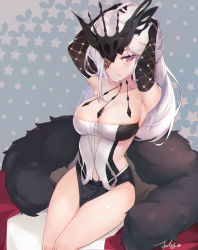 Rule 34 | 1girl, armpits, arms up, bare shoulders, black gloves, breasts, cape, cleavage, collarbone, crown, elbow gloves, eyepatch, fur trim, genshin impact, gloves, highleg, highres, jiujiuyatou (yayanzz), large breasts, long hair, looking at viewer, parted lips, purple eyes, revealing clothes, sideless outfit, signora (genshin impact), sitting, solo, strapless, thighs, white hair