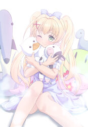 Rule 34 | 1girl, absurdres, blonde hair, blue bow, blue dress, blush, bow, casual, closed mouth, commentary request, company connection, crossed arms, dango daikazoku, dress, feet out of frame, green eyes, hair between eyes, hair bow, hair intakes, hair ornament, happy, hato maron, highres, holding, holding stuffed toy, hugging object, key (company), knees together feet apart, long hair, official alternate costume, one eye closed, shirt, short dress, short sleeves, simple background, sitting, smile, solo, stuffed animal, stuffed toy, summer pockets, tsumugi wenders, twintails, very long hair, white background, white shirt, x hair ornament
