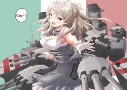 Rule 34 | 1girl, breasts, brown eyes, cannon, cleavage, conte di cavour (kancolle), corset, dress, frilled dress, frills, fuji (pixiv24804665), gloves, grey dress, grey hair, highres, italian flag, kantai collection, large breasts, long hair, looking at viewer, machinery, open mouth, outstretched arm, rigging, sleeveless, sleeveless dress, solo, speech bubble, teeth, turret, two-tone dress, two side up, upper teeth only, white dress, white gloves