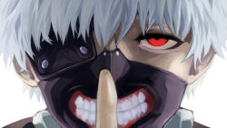 Rule 34 | 1boy, absurdres, black mask, close-up, commentary request, eyepatch, grey background, grey hair, hand up, highres, kaneki ken, looking at viewer, male focus, red eyes, short hair, simple background, solo, teeth print, tokyo ghoul, tomato (akait0mat0)