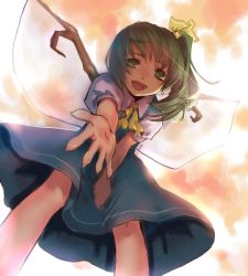 Rule 34 | 1girl, daiyousei, female focus, foreshortening, green eyes, green hair, matching hair/eyes, outstretched arm, outstretched hand, side ponytail, smile, solo, touhou, vica, wings