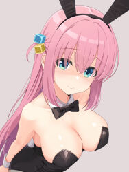 Rule 34 | 1girl, animal ears, black bow, black bowtie, black leotard, blue eyes, bocchi the rock!, bow, bowtie, breasts, cleavage, commentary request, cube hair ornament, detached collar, fake animal ears, gotoh hitori, grey background, hair between eyes, hair ornament, hair over eyes, large breasts, leotard, long hair, otenkiya, partial commentary, pink hair, playboy bunny, rabbit ears, simple background, solo, wrist cuffs