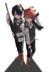 Rule 34 | 1boy, 1girl, ahoge, arm up, artist name, bandaid, bandaid on cheek, bandaid on face, bandaid on nose, black hair, black pants, blouse, boots, brown footwear, bulletproof vest, closed mouth, collar, collared shirt, emma (yakusoku no neverland), full body, green eyes, gun, highres, holding, holding gun, holding weapon, injury, lace, lace-trimmed panties, lace trim, long sleeves, looking at viewer, neck tattoo, number tattoo, orange hair, panties, pants, parted lips, ray (yakusoku no neverland), ri (catallarii), rifle, scratching cheek, serious, shadow, shirt, short hair, simple background, standing, tattoo, underwear, vest, weapon, white background, white shirt, yakusoku no neverland