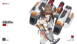 Rule 34 | 1girl, bikini, blunt bangs, breasts, brown eyes, brown hair, cleavage, dutch angle, english text, from above, gun, headband, highres, holding, holding gun, holding weapon, ibara dance, jacket, looking at viewer, looking to the side, medium breasts, open clothes, open jacket, original, over-kneehighs, solo, swimsuit, thighhighs, weapon, white bikini