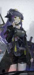 Rule 34 | 1girl, ammunition pouch, animal ear fluff, animal ears, arknights, ballistic shield, belt, belt buckle, belt pouch, black belt, black choker, black coat, black hair, black hood, black pouch, black ribbon, black shorts, blunt bangs, blurry, blurry background, blurry foreground, breasts, buckle, cat ears, cat girl, choker, clenched hand, coat, collarbone, colored inner hair, cowboy shot, day, earclip, film grain, from side, green eyes, grey shirt, grey sky, gun, hair ornament, hair ribbon, hand up, handgun, headset, high-waist shorts, high ponytail, highres, holding, holding microphone, holding shield, holster, holstered, hood, hood down, hooded coat, id card, infection monitor (arknights), jessica (arknights), jessica the liberated (arknights), kulianrentizhong, light blush, long hair, long sleeves, looking afar, looking ahead, m1911, medium breasts, microphone, multicolored hair, official alternate costume, open clothes, open coat, open mouth, outdoors, ponytail, pouch, puffy long sleeves, puffy sleeves, purple hair, rain, ribbon, sad, shield, shiny clothes, shiny legwear, shiny skin, shirt, shorts, shoulder belt, sidelocks, sky, sleeve cuffs, solo, standing, straight hair, strap, streaked hair, tearing up, tears, teeth, thighs, tongue, two-tone hair, underbust, upper teeth only, very long hair, water drop, weapon, wet, wet clothes, wet hair