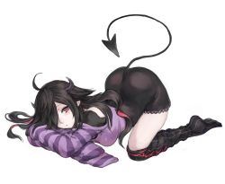 Rule 34 | 1girl, ahoge, arm pillow, ass, black hair, black shirt, black skirt, black thighhighs, breasts, buckle, closed mouth, commentary, crop top, demon girl, demon horns, demon tail, expressionless, full body, hair flaps, hair over one eye, high-waist skirt, horns, long hair, looking at viewer, medium breasts, multicolored hair, nijisanji, off-shoulder shirt, off shoulder, pale skin, purple shirt, red eyes, red hair, shirt, shu-mai, simple background, skirt, sleeves past fingers, sleeves past wrists, solo, striped clothes, striped thighhighs, tail, thighhighs, top-down bottom-up, two-tone hair, vertical-striped clothes, vertical-striped thighhighs, virtual youtuber, white background, yamiyono moruru