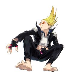 Rule 34 | 1boy, barefoot, blonde hair, boku no hero academia, clothes lift, costume, crested hair, epaulettes, facial hair, feet, fingerless gloves, from below, glass floor, gloves, hair up, hand on own stomach, headphones, headphones around neck, jacket, long hair, male focus, mustache, open fly, present mic, shirt lift, soles, solo, stomach, studded jacket, sunglasses, tinted eyewear, toes, ura musi