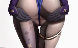 Rule 34 | 1girl, ass, black gloves, black pantyhose, blue leotard, blue sleeves, commentary request, female focus, from behind, genshin impact, gloves, highres, leotard, lower body, mona (genshin impact), pantyhose, solo, sparkle, spread pussy under clothes, tally, thighlet, thighs, white background, z282g