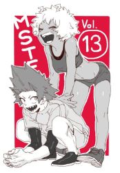 Rule 34 | 10s, 1boy, 1girl, ashido mina, text background, bent over, blush, boku no hero academia, breasts, closed eyes, hand on another&#039;s back, hands on another&#039;s back, hands together, happy, horns, kirishima eijirou, laughing, looking at viewer, maneki-neko (fujifuji), messy hair, monochrome, navel, open mouth, partial monochrome, partially colored, red background, sharp teeth, shirt, shoes, short hair, short shorts, shorts, sitting, smile, spiked hair, sports bra, squatting, standing, teeth