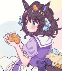 Rule 34 | 1girl, ahoge, animal ears, blush, brown hair, bucket, clothing cutout, cupping hands, daring tact (umamusume), green eyes, hands up, highres, horse ears, horse girl, horse tail, medium hair, own hands together, parted lips, purple shirt, rubber duck, sailor collar, satomachi, school uniform, shirt, short sleeves, skirt, solo, tail, tail through clothes, thighhighs, tracen school uniform, umamusume, white skirt, white thighhighs, wooden bucket