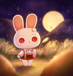 1girl animal_crossing black_sky blurry bug chibi chibi_only closed_mouth depth_of_field dot_nose expressionless fold-over_collar freckles full_body full_moon furry hair_ornament hand_up haystack hill holding_wheat japanese_clothes moon motion_blur night night_sky nintendo orange_sash outdoors peguta rabbit_girl red_eyes red_fur red_skirt red_trim ribbon-trimmed_sleeves ribbon_trim ruby_(animal_crossing) shadow shirt shirt_tucked_in skirt sky solid_circle_eyes solo standing star_(sky) swarm wheat wheat_field white_shirt wide_sleeves