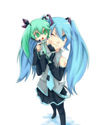 Rule 34 | 1girl, bad id, bad pixiv id, blue eyes, blue hair, detached sleeves, ember (7012), green eyes, green hair, hatsune miku, matching hair/eyes, necktie, one eye closed, simple background, solo, thighhighs, twintails, vocaloid, wink