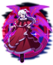 Rule 34 | 1girl, black footwear, boots, capelet, cross-laced footwear, dress, fingernails, full body, grey hair, hair bobbles, hair ornament, hoshii 1213, long hair, long sleeves, magic circle, nail polish, one side up, open mouth, purple eyes, purple nails, purple wings, red capelet, red dress, shinki (touhou), smile, solo, touhou, touhou (pc-98), transparent background, wings