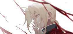 Rule 34 | 1boy, bizarre rain, black jacket, blonde hair, blood, braid, braided ponytail, cbow, coat, covering own mouth, crying, edward elric, eyelashes, from side, fullmetal alchemist, hand over own mouth, hand up, jacket, long hair, looking away, male focus, portrait, profile, red coat, simple background, single braid, solo, tears, white background, yellow eyes