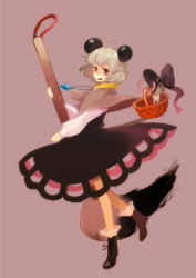 Rule 34 | 1girl, ahoge, animal ears, basket, boots, calligraphy brush, capelet, cross-laced footwear, female focus, grey hair, jewelry, lace-up boots, mini person, minigirl, mizuirom, mouse (animal), mouse ears, mouse tail, nazrin, paintbrush, pencil, pendant, red eyes, ribbon, short hair, solo, standing, tail, tail ornament, tail ribbon, touhou