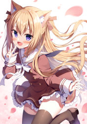 Rule 34 | 1girl, :d, animal ear fluff, animal ears, black thighhighs, blonde hair, brown dress, brown footwear, brown ribbon, cat ears, cat girl, cat tail, commentary request, dress, frilled dress, frills, hair between eyes, hair ribbon, loafers, long hair, long sleeves, looking at viewer, mauve, open mouth, original, petals, purple eyes, ribbon, shoes, smile, solo, tail, thighhighs, two side up, very long hair, white background