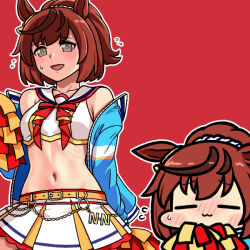 Rule 34 | 1girl, animal ears, bandeau, bare shoulders, belt, blue jacket, blush, breasts, brown hair, chain, chibi, closed eyes, closed mouth, commentary, ear ornament, flying sweatdrops, gold chain, grey eyes, horse ears, horse girl, jacket, jacket partially removed, jazz jack, medium breasts, medium hair, multiple views, navel, nice nature (racehorse), nice nature (run&amp;win) (umamusume), nice nature (umamusume), open mouth, pom pom (cheerleading), ponytail, red background, red hair, simple background, skirt, smile, solo, standing, sweatdrop, umamusume, white bandeau, white skirt, yellow belt