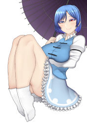Rule 34 | 1girl, aged up, ass, blue eyes, blue hair, blue skirt, blue vest, blush, closed mouth, commentary, curvy, full body, half-closed eyes, heterochromia, highres, hip focus, holding, holding umbrella, juliet sleeves, knees up, legs, long sleeves, looking at viewer, nicutoka, puffy sleeves, red eyes, short hair, simple background, skirt, smile, socks, solo, tatara kogasa, taut clothes, thick thighs, thighs, touhou, umbrella, vest, white background, white socks, wide hips