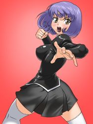 Rule 34 | 1girl, agent aika, aika (series), artist request, black delmo, black delmo leader, blush, bob cut, breasts, delmo, fighting stance, highres, incoming attack, incoming punch, jacket, kneepits, open mouth, punching, purple hair, red background, simple background, skirt, solo, teeth, thighhighs, upper teeth only, white thighhighs
