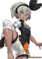 Rule 34 | 1girl, abs, absurdres, bea (pokemon), black bodysuit, black gloves, black hairband, blush, bodysuit, bodysuit under clothes, breasts, covered navel, creatures (company), cropped shirt, dark-skinned female, dark skin, flat chest, game freak, gloves, grey eyes, grey hair, gym leader, hair between eyes, hairband, highres, knee pads, leg up, looking at viewer, ninnin (shishitou), nintendo, open mouth, orange gloves, pokemon, pokemon swsh, short hair, short sleeves, shorts, simple background, single glove, solo, thighs, two-tone gloves, white background, wristband