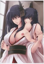 Rule 34 | 10s, 2girls, akatsuki akane, bare shoulders, black hair, breasts, breasts out, fusou (kancolle), highres, huge breasts, japanese clothes, kantai collection, kimono, large breasts, long hair, multiple girls, nipples, open mouth, red eyes, siblings, sisters, yamashiro (kancolle), yuri