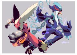 Rule 34 | aqua eyes, blaziken, border, claws, colored sclera, commentary request, creatures (company), fire, game freak, gen 3 pokemon, grey background, haruto1192, highres, horns, nintendo, open mouth, pokemon, pokemon (creature), quaquaval, tongue, white border, yellow fur, yellow sclera