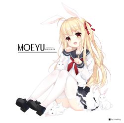 Rule 34 | 1girl, :d, ahoge, animal, animal ears, black footwear, black sailor collar, black skirt, blonde hair, blush, brown eyes, collarbone, commentary request, cross, fang, hair ribbon, head tilt, highres, iron cross, loading (verjuice), long hair, long sleeves, looking at viewer, mary janes, neckerchief, one side up, open mouth, original, panties, paw pose, pleated skirt, rabbit, rabbit ears, red neckerchief, red ribbon, ribbon, sailor collar, school uniform, serafuku, shirt, shoes, sitting, skirt, sleeves past wrists, smile, solo, thighhighs, transparent background, underwear, very long hair, watermark, web address, white panties, white shirt, white thighhighs