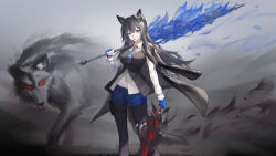Rule 34 | 1girl, absurdres, animal ears, arknights, black hair, black jacket, black pantyhose, black vest, blue gloves, blue necktie, blue shorts, breasts, collared shirt, dual wielding, feet out of frame, fingerless gloves, food, gloves, highres, holding, holding sword, holding weapon, jacket, jacket on shoulders, kirby d a, large breasts, looking at viewer, mouth hold, necktie, official alternate costume, over shoulder, pantyhose, pantyhose under shorts, pocky, pouch, shirt, shorts, solo, sword, sword over shoulder, tail, texas (arknights), texas the omertosa (arknights), thigh pouch, torn clothes, torn pantyhose, vest, weapon, weapon over shoulder, white shirt, wolf, wolf ears, wolf girl, wolf tail, yellow eyes
