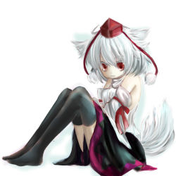Rule 34 | 1girl, animal ears, bare shoulders, black thighhighs, detached sleeves, female focus, hat, inubashiri momiji, oumi hi, red eyes, short hair, sitting, skirt, smile, solo, tail, thighhighs, tokin hat, touhou, white hair, wide sleeves, wolf ears, wolf tail