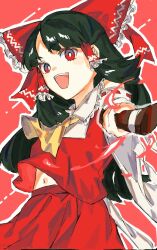 Rule 34 | 1girl, ascot, black hair, bow, detached sleeves, frilled bow, frilled hair tubes, frills, hair bow, hair tubes, hakurei reimu, long hair, nontraditional miko, oftooon, open mouth, red background, red bow, red eyes, red shirt, red skirt, shirt, simple background, skirt, sleeveless, sleeveless shirt, solo, touhou, wide sleeves, yellow ascot
